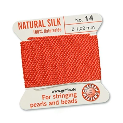 Image of GRIFFIN 100% Natural Silk Beading Cord String Thread Coral 2 metres with one needle Size 1.02mm