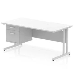 Image of Impulse 1600 x 800mm Scalloped Edge Straight Office Desk White Top Silver Cantilever Leg Workstation 1 2 Drawer Fixed Pedestal