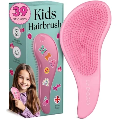Image of Lily England Detangle Hair Brush for Thick, Curly &amp; Straight Fun Stocking Fillers Teenage Girls Kids with Decorative Stickers Girl Gift Flexible Bristles, Pink