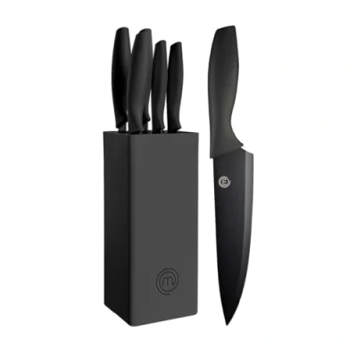 Image of MasterChef Knife Set with Block, 5 Kitchen Knives Sharp Stainless Steel Blades (Chef, Paring, Utility, Carving, Bread) Soft Touch Easy Grip Handles &amp; Universal Holder, Essential Black