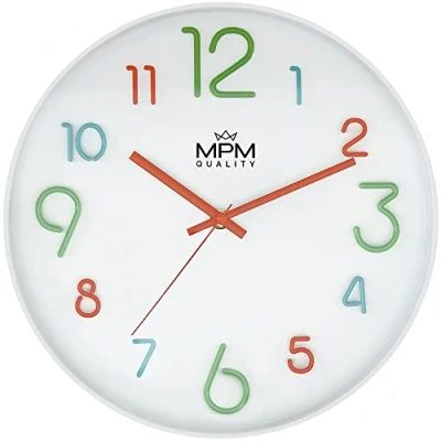 Image of MPM Colourful Children&#039;s Plastic Wall Clock in White with Large Numbers No Ticking Noise for Undisturbed Play Quartz Movement Especially Suitable Rooms, Nursery, School