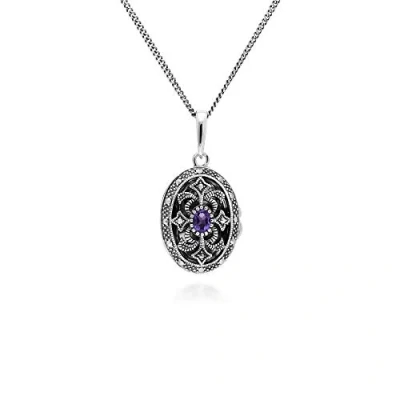 Image of Art Nouveau Style Oval Amethyst &amp; Marcasite Locket Necklace in 925 Sterling Silver