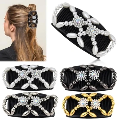 Image of Beaded Hair Combs slides，4 pcs Magic Stretchy Double Comb,Magic Elastic Comb,Hair Comb Clip,Clip Beads Clips for Women Girls Accessory Gold, silver, white, black