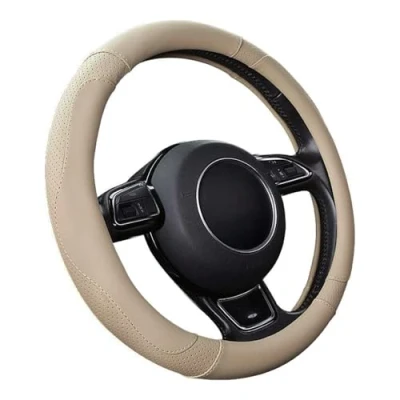 Image of SFONIA Car Steering Wheel Cover Protector Microfiber Leather Universal 37 38cm / 15&quot; Anti slip Breathable Durable (Beige colour)
