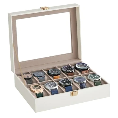 Image of SONGMICS Watch Box with 10 Slots, Case Glass Lid, Display Removable Pillows, Metal Clasp, Gift Idea, Cloud White Synthetic Leather, Cappuccino Beige Lining JWB010W01