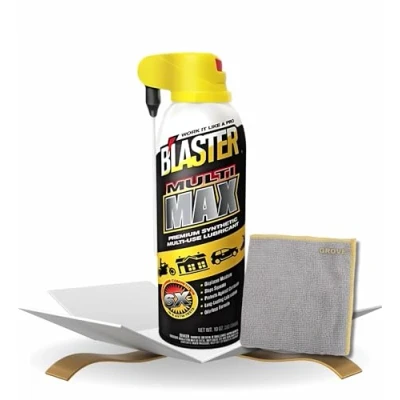 Image of Blaster Multi Max Lubricant Spray 10 oz Bundle with Microfiber Cloth Protects Against Corrosion Stops Squeaks for Hinges, Chains, Lawn Equipment, and Garage Doors (2 Items)