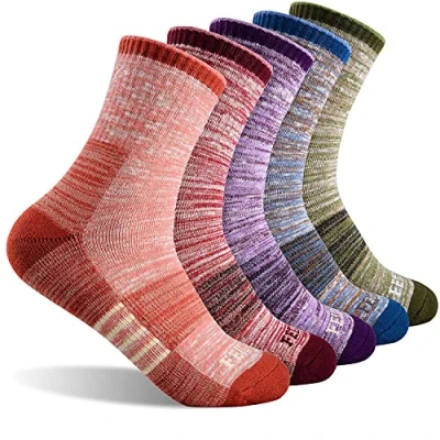 Image of Women&#039;s Hiking Walking Socks, FEIDEER Multi pack Outdoor Recreation Socks Wicking Cushion Crew Red/Blue/Green/Pink/Purple, Medium