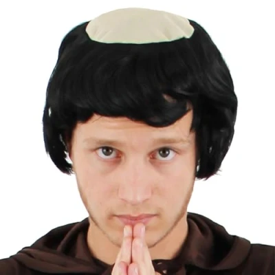 Image of Monk Wig Friar Tuck Tonsure Habit Bald Cap Black for Kids and Adults