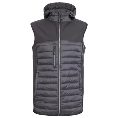 Image of TUFFSTUFF Howden Hooded Bodywarmer Black Comfortable Jacket Zipped Pockets Water Resistant Windproof Softshell Panelling