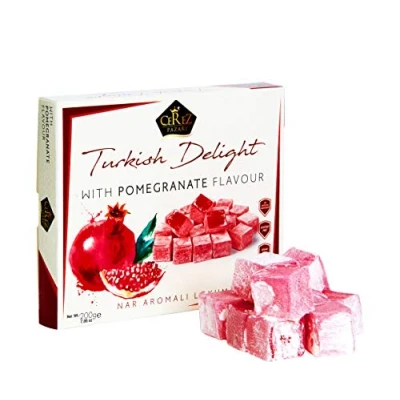 Image of Cerez Pazari Turkish Delight with Pomegranate Flavour 230g, Gourmet Small Size Snacks Gift Box No Nuts Sweet Luxury Traditional Confectionery Vegan Candy Dessert Glucose Free Lokum