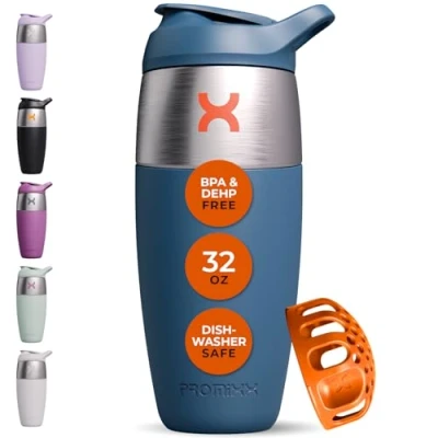 Image of Promixx Pursuit Shaker Bottle Single Wall Stainless Steel Protein Bottle, Super Smooth Shakes, 950ml, Midnight Blue