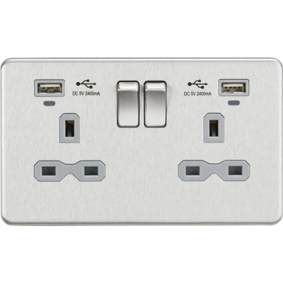 Image of KnightsBridge 13A 2G Switched Socket, Dual USB (2.4A) with LED Charge Indicators Brushed Chrome w/grey insert