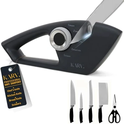 Image of KARV Knife Sharpener Shadow Black 5 Stage Professional Kitchen Sharpeners for All Knives Non Slip Base &amp; Ergonomic Handle, Sharpen Straight Edge Serrated Blades Chef