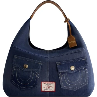 Image of True Religion Women&#039;s Shoulder Bag Purse, Large Hobo Handbag with Front Pockets, Denim