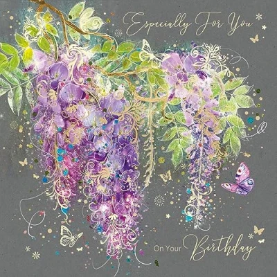 Image of Cherry Orchard Whisteria Happy Birthday Card with Gold Foil Detailing and Envelope Grace Range from