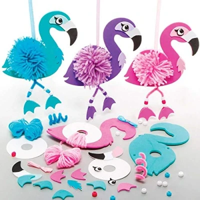 Image of Baker Ross FE140 Flamingo Craft Pom Kits Pack of 3, Childrens Art Make Your Own Fluffy Friend