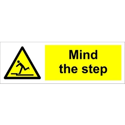 Image of Warning Mind The Step Safety Sign 1.2mm Rigid Plastic 300mm x 100mm