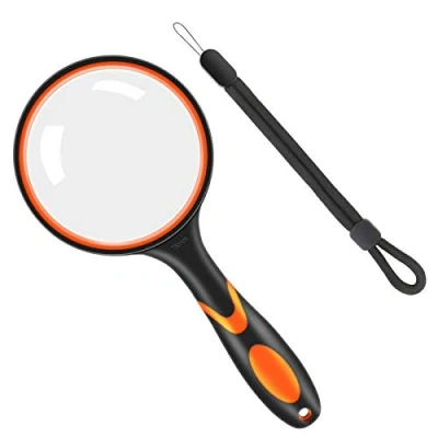 Image of Vicloon Magnifying Glass, 10X Handheld Reading Magnifier, 75mm Lens Glass with Hanging Rope and Rubber Handle for Observation Book Fault Finding (Orange)