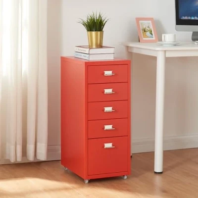 Image of [en.casa] Mobile File Cabinet Kökar Metal Filing with 5 Drawers Office Trolley Castors for Study 69x28x41 cm Red