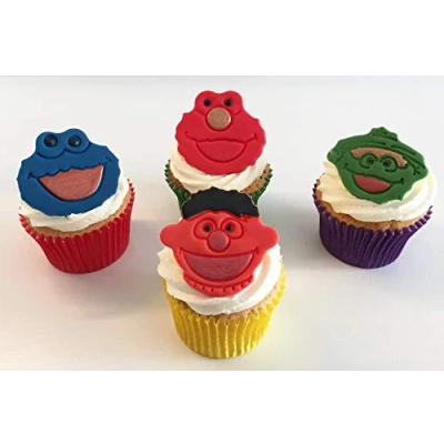 Image of 4 Mixed Sugar Sesame Street Character Cake Toppers: Cookie Monster, Ernie, Oscar The Grouch, Elmo