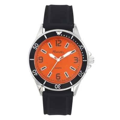 Image of Ravel Men&#039;s Sporty Black Silicon Strap Watch with Top Ring on Silver Tone Case Analogue Quartz RS002.08 Orange Dial