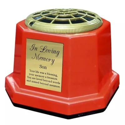Image of Red Graveside Memorial Flower Vase with Gold In Loving Memory Plaque (Personalised Name) (Son)