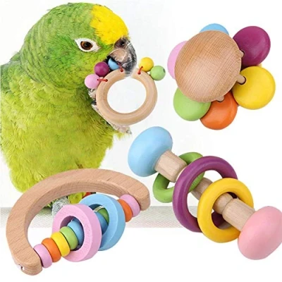 Image of HEEPDD Parrot Chew Toys, 4Pcs Natural Wood Toy Set for Budgie Parakeet Cockatiel Conure Lovebird Finch Canary Cockatoo African Grey Eclectus Amazon