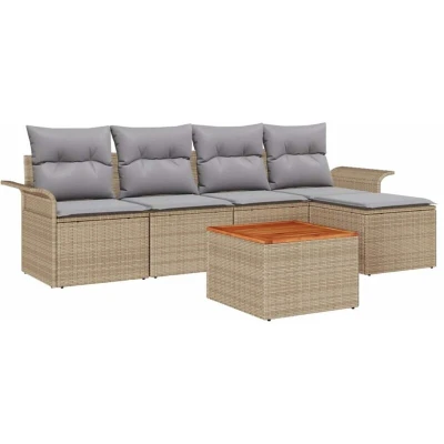 Image of vidaXL 6 Piece Garden Sofa Set with Cushions Beige Poly Rattan Acacia