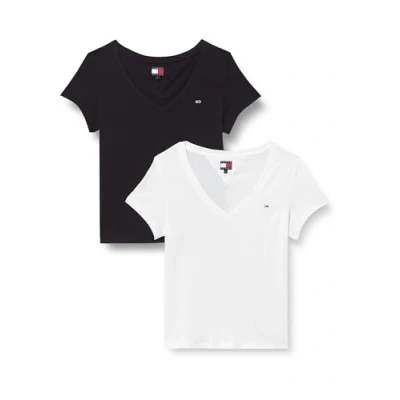 Image of Tommy Jeans V NECK TEE 2 PACK Basic Tshirt, Women&#039;s, Size: 4, Ecru/black