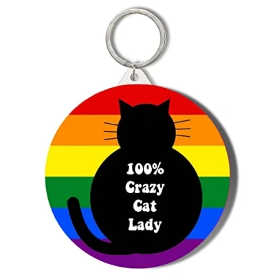 Image of Gift Insanity 100% CRAZY CAT LADY RAINBOW BACKGROUND 45mm Keyring