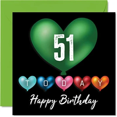 Image of Fun 51st Birthday Cards for Men Woman Heart Balloons Happy Card Dad Mum Grandad Nanny Grandma Uncle Auntie Cousin Friend, 145mm x Greeting