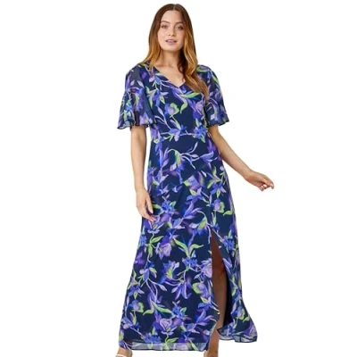 Image of Roman Originals Floral Print Tie Back Maxi Dress for Women UK Ladies Everyday Holiday Spring Summer V Neckline Comfy Soft Evening Vacation Work Party Navy Size 10