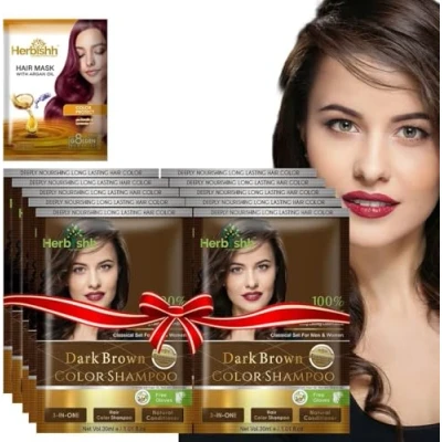 Image of Herbishh Hair Color Shampoo for Gray Dye with Argan MaskTravel size Colors in MinutesLong lasting colour10pack+1packAmmonia Free (Dark Brown)