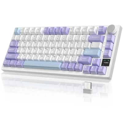 Image of YINDIAO Ajazz AK820PRO Mechanical Keyboard with TFT Smart Display&amp;Knob,2.4G Wireless/BT5.1/USB C Wired,75% ANSI Layout,5 Sound Absorbing Foams,Hot Swap Linear Switch,RGB Backlit,for PC,MAC (Purple)