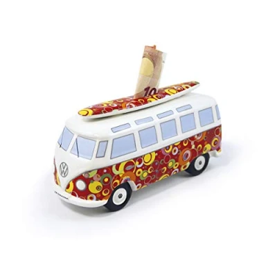 Image of BRISA VW Collection Volkswagen Savings Bank Piggy Money Coin Box with Surfboard in T1 Bus Samba Design (Classic Bus/Red)