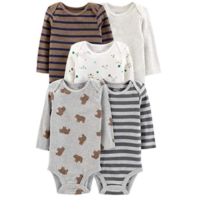 Image of Simple Joys by Carter&#039;s Baby Long Sleeve Bodysuit Pack of 5, Bear/Forest Animals/Stripes, 0 3 Months