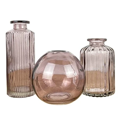 Image of Set of 3 Small Bud Vases Pale Violet Clear Coloured Glass Flower Vintage Wedding Table Twig