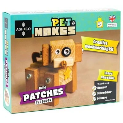 Image of Ash &amp; Co Pet Makes Build a Wooden Puppy Mode; Woodwork Kit for Kids Fun Craft Boys and Girls Age 6+ (Patches The Puppy)