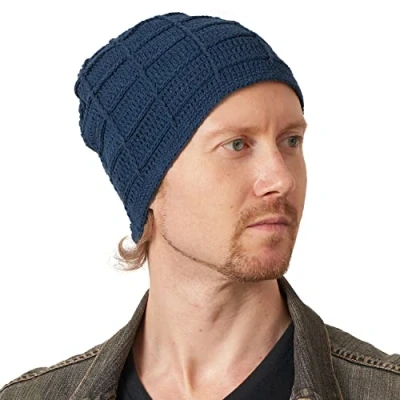 Image of CHARM Mens Summer Beanie Cotton Womens Crochet Slouch Cap Hand Made Chemo Hat Blue