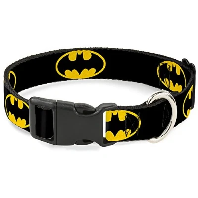 Image of Buckle Down Plastic Clip Collar Batman Shield Black/Yellow 1&quot; Wide Fits 9 15&quot; Neck Small