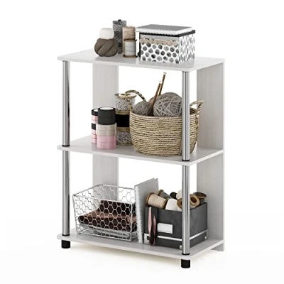 Image of Furinno Jaya Simple Design 3 Tier Bookcase / Bookshelf Display Rack with Stainless Steel Tubes, White Oak