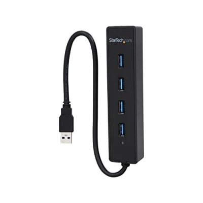 Image of StarTech.com 4 Port USB 3.0 Hub with Built in Cable SuperSpeed Laptop Portable Splitter Mini (ST4300PBU3), Black