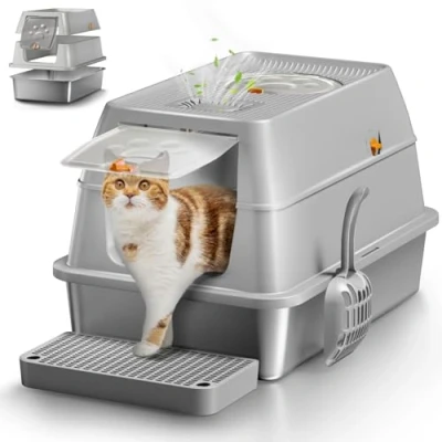 Image of Stainless Steel Cat Litter Tray with Lid, Extra Large Tray, XXL Enclosed Box High Sided, for Big Cats, Removable Lid &amp;Scoop Grey
