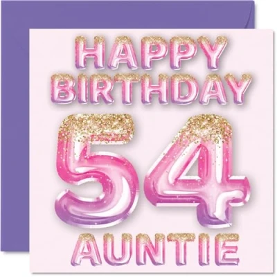 Image of 54th Birthday Card for Auntie Pink &amp; Purple Glitter Balloons Happy Cards 54 Year Old Aunt Aunty from Nephew Niece, 145mm x Bday Greeting Gift