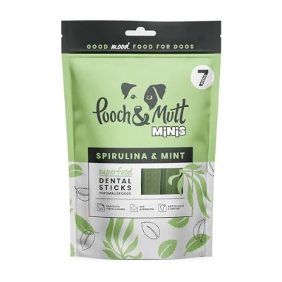 Image of Pooch &amp; Mutt Superfood Dog Mini Dental Sticks, Spirulina and Mint Flavour Chew, 1 pack of 7 sticks