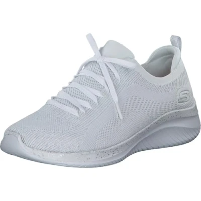 Image of Skechers Women&#039;s Ultra Flex 3.0 Let&#039;s Dance Sneaker, White &amp; Silver Knit/Silver Trim, 6 UK