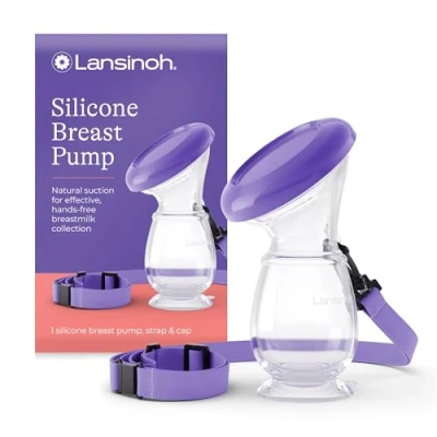 Image of Lansinoh Silicone Manual Breast Pump Milk Collector with Lid and Neck Strap Hands Free Suction