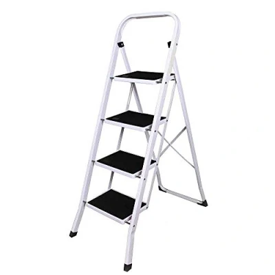 Image of 4 Step Ladder Foldable Heavy Duty Steel Protable Non Slip Tread Safety, DIY for Home, Outdoor, Garden, Garage, 300lbs Max Capacity 5 Year Warranty