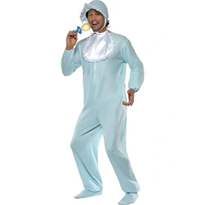 Image of Smiffys Baby Boy Romper Costume, Blue with Fleece Bodysuit, Bonnet &amp; Bib, Funny Fancy Dress, Comedy Dress Up Costumes