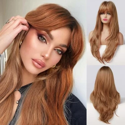 Image of Honygebia Ginger Wig with Fringe Auburn Wigs for Women, Copper Red Long Straight Layered Hair, Natural Synthetic Heat Resistant Best Halloween/Fancy Dress/Cosplay/Party